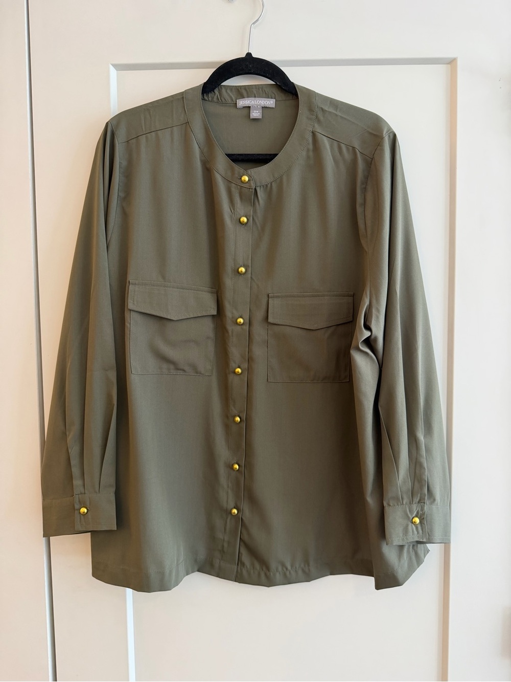 Jessica London Olive Green Button-Front Top with Gold Buttons